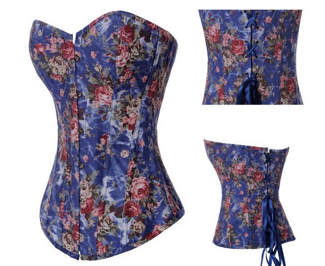 Free shipping!! Sexy Lingerie Floral Fantasy Burlesque Denim Corset Blue 8910