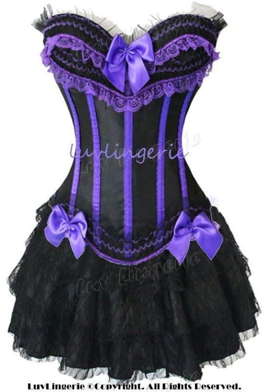 Free shipping!! Sexy Lingerie Purple Satin Corset Lace up Bustier + G-String + Mini Skirt