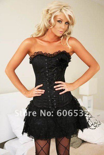 Free shipping!! Sexy Lingerie Satin Corset Dress with Mini Skirt Bustier+G-String+Brooch