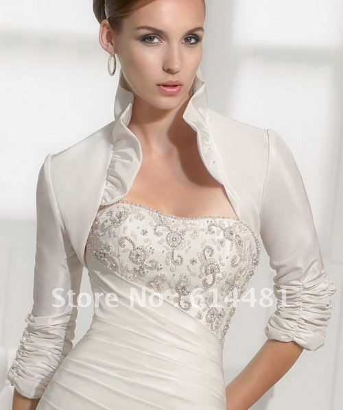 Free Shipping Sexy Middle Sleeve Satin White High Collar Custom Made Cheap Wedding Jacket Bridal Wraps 2012