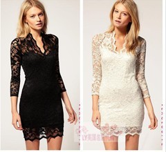 Free shipping Sexy  Nightclub Black Sex Women Ladies V-neck Mini Slim Lace Dress Clubwear 3/4 Sleeve E0325