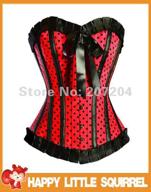 Free Shipping Sexy Outwear Red Burlesque Polka Dot Corset Party Corsets Costume Sexy Lingerie Lace up Corsets push up