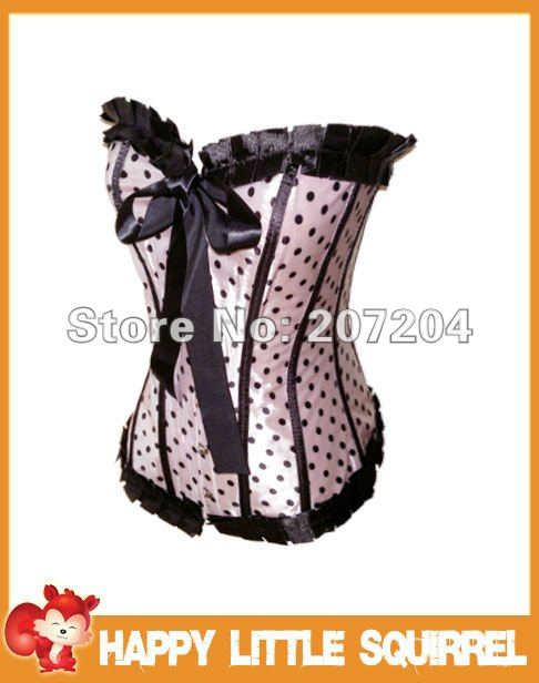 Free Shipping Sexy Pink Outwear Burlesque Polka Dot Lace up Corsets Costume Lingerie +G-strings push up