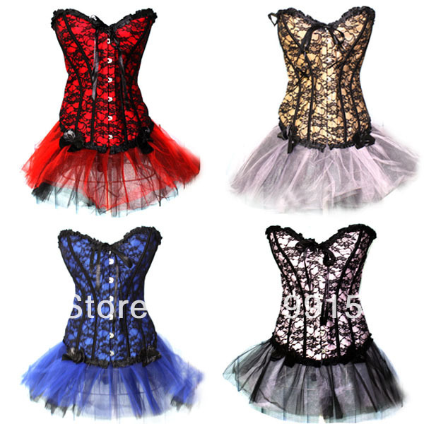 Free Shipping Sexy plastic boned Lace up back Corset Bustier + TUTU Skirt Size S-M  ZY002