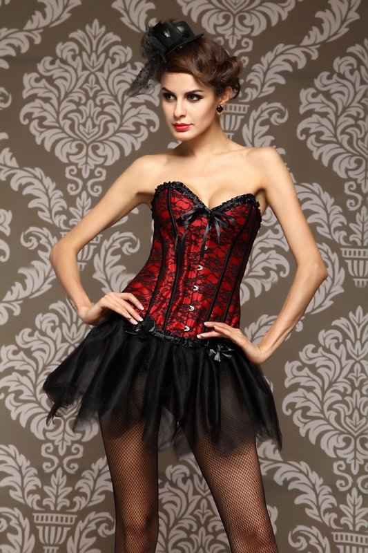 Free Shipping Sexy RED Satin Corset Boned Lace-up Corset Bustier &G-string Size XS S M L XL