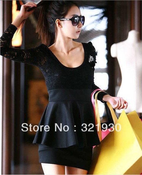 FREE SHIPPING Sexy Stretch Spoon Neck Open Back Lace Slim PeplumParty Club Dress