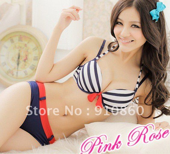 FREE SHIPPING sexy Stripe sailor wind belt insert halter-neck dual bra set underwear set