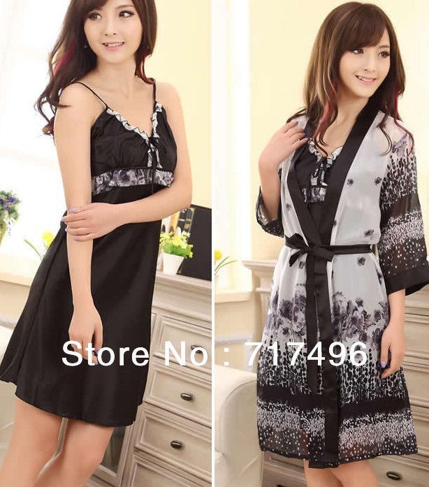 Free shipping Sexy suspender robe two pieces of long-sleeved pajamas free size