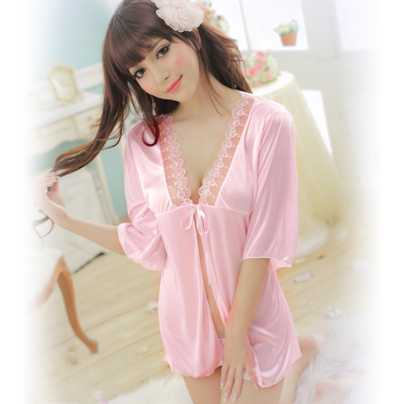 Free shipping Sexy temptation embroidery laciness viscose robe female autumn and winter short-sleeve sleepwear p001