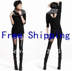 Free Shipping, Sexy transparent network yarn imitation leather stitching nine points Legging