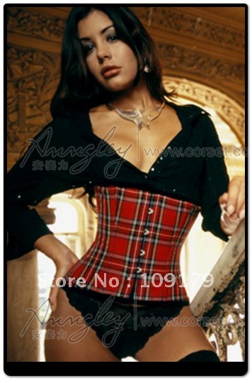 Free Shipping! Sexy  Waist Cincher Fast Slim 4 Inches Off Waist Strong Tight Lacing  Red Tartan Corset Bustier
