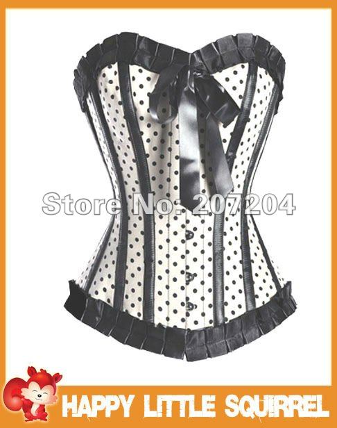 Free Shipping Sexy White Outwear Burlesque Polka Dot Lace up Corset Party Corsets Costume Sexy Lingerie push up