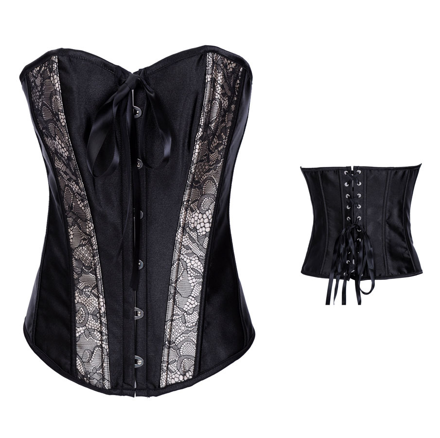 Free shipping ,sexy women black corset bustier satin boned lace up bodyshaper dropship S-2XL