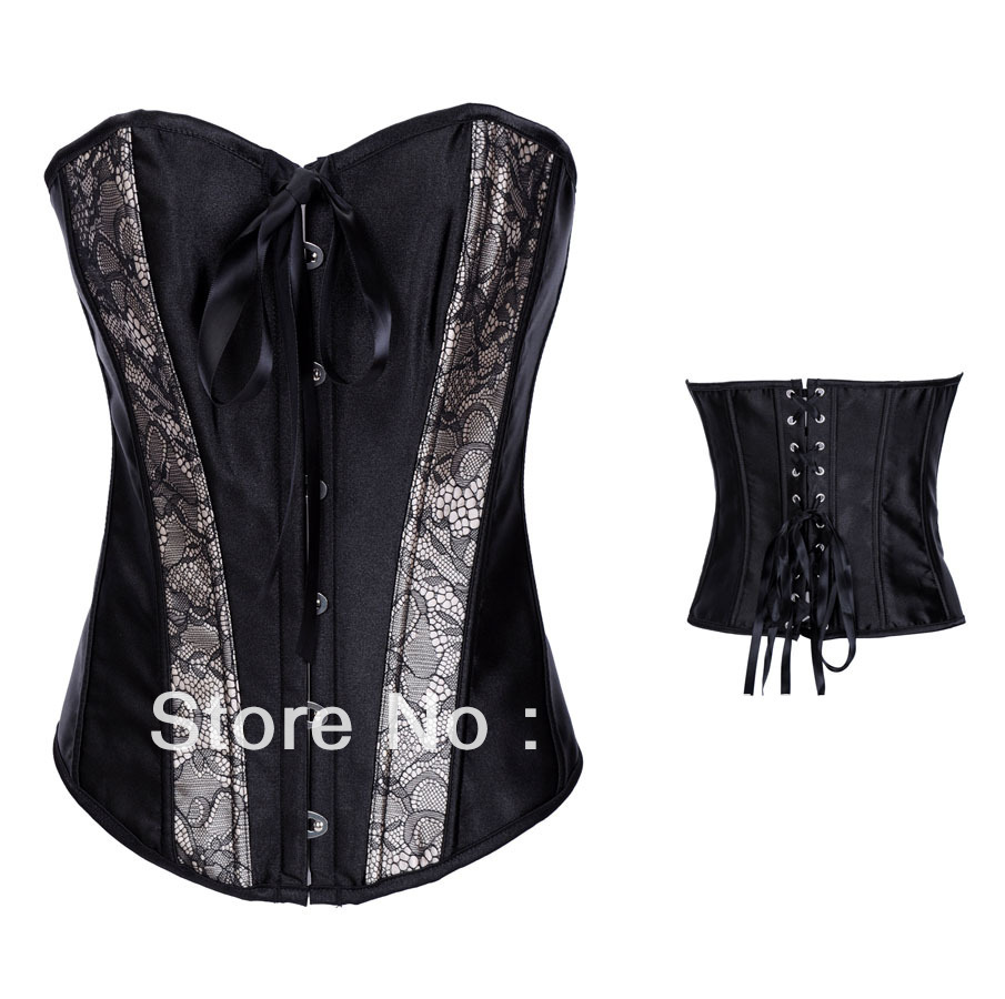 Free shipping ,sexy women black corset bustier satin boned lace up bodyshaper dropship S-2XL