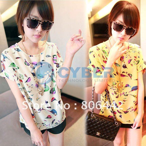 Free Shipping Sexy Women Colorful Birds Chiffon T Shirt Batwing Loose Blouse Casual Tee Tops