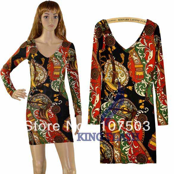 free shipping Sexy Women Deep V-neck Long Sleeve Dress Slim Fit Over-hip Pattern flowery dress 3 Sizes 9014