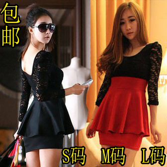 Free shipping Sexy women long-sleeve slim hip lace basic one-piece skater dress 2013