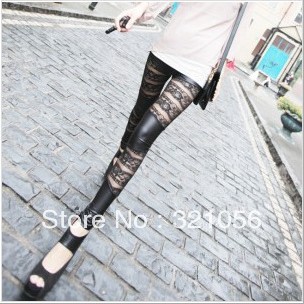 Free Shipping Sexy Women PU Leather Lace Black Shiny Leggings High-waist Stretch Material Pants Ladies Fashion Tights