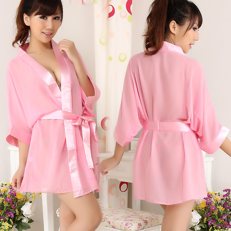 Free Shipping Sexy women's pink kimono nightgown three-piece set robe & belt & G-string