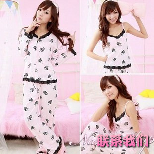 Free shipping  Sexy women's temptation 100% cotton lace sexy black rose long-sleeve sleepwear three pieces set lounge