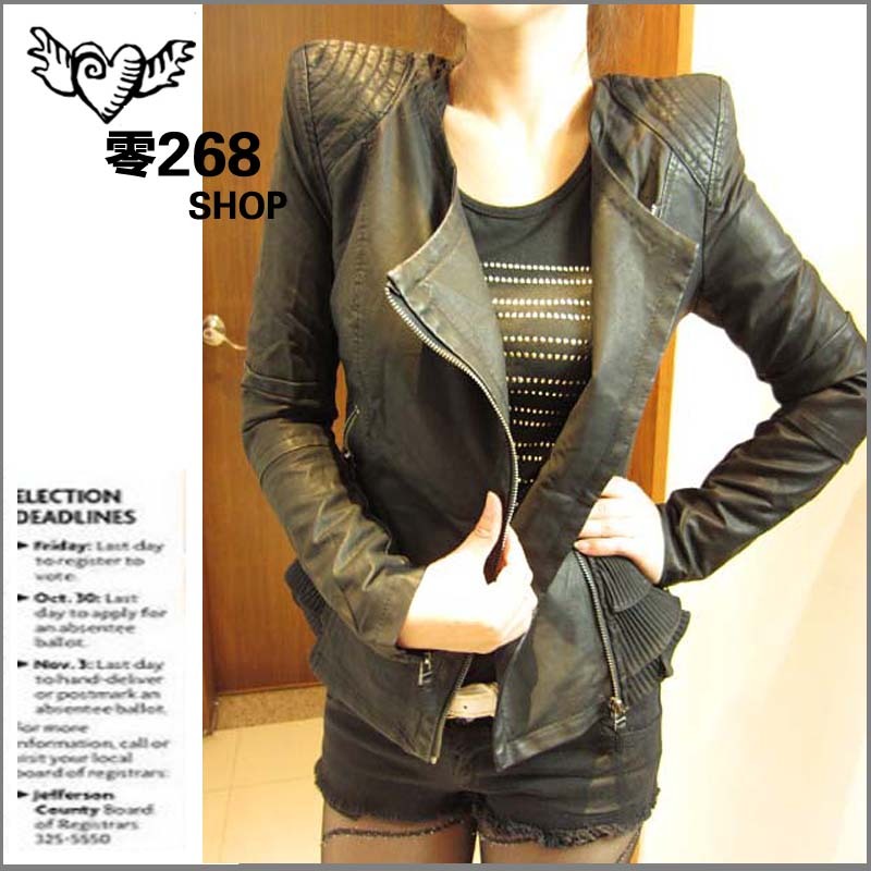 free shipping Shalang 2011 pew laciness black zipper turn-down collar leather clothing