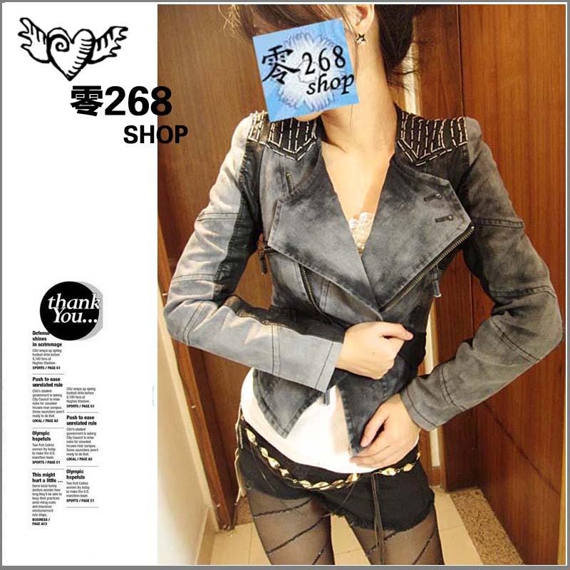 free shipping Shalang beaded leather motorcycle denim outerwear
