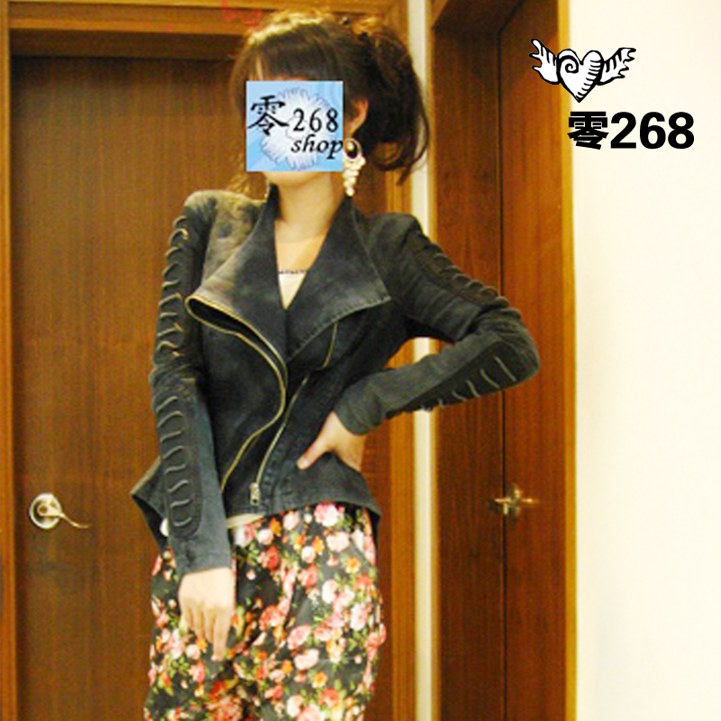 free shipping Shalang rope patchwork leather rib knitting water wash slim denim outerwear jacket