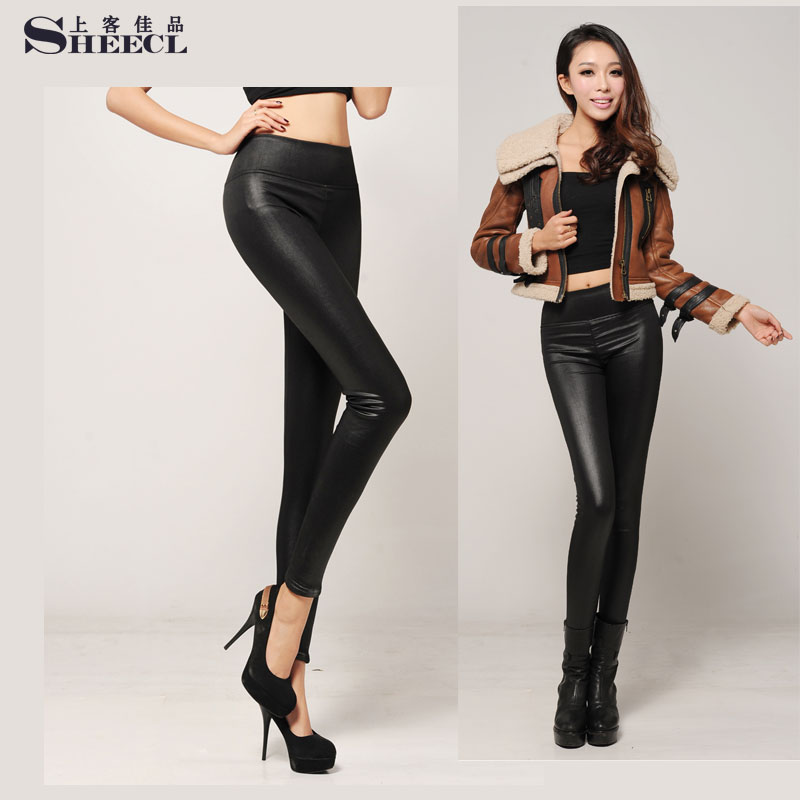 Free Shipping Sheecl2013 women's faux leather pants female slim thickening plus velvet high waist elegant trousers