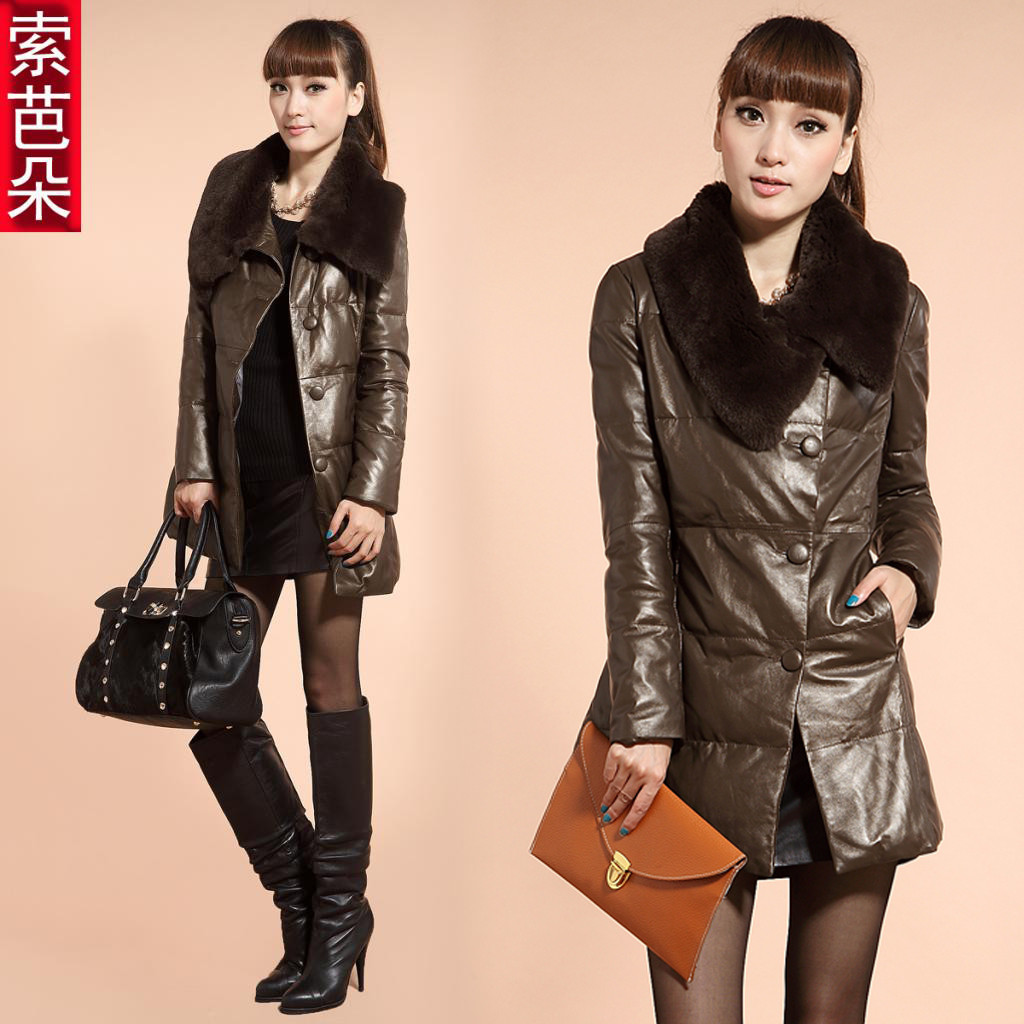 Free Shipping sheep leather coat,  winter rex rabbit fur washing leather clothing with white duck down fashion coat