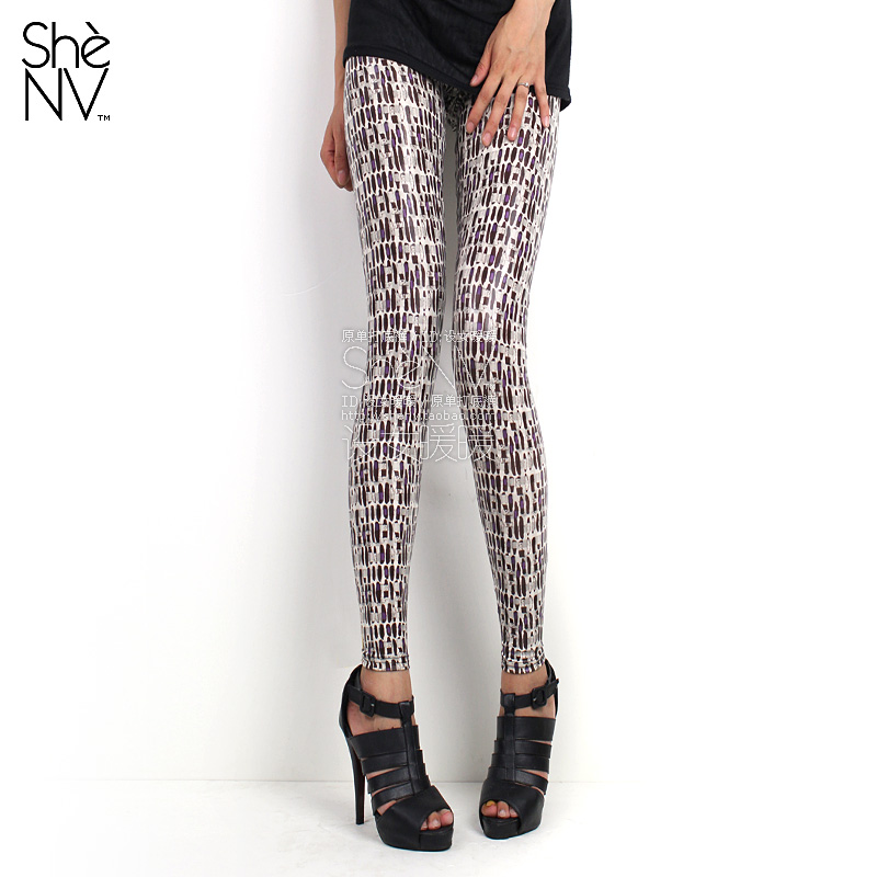 free shipping Shenv fashion doodle pattern faux leather pants vintage legging spring and autumn thin plus size plus size