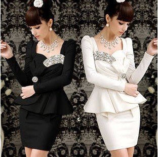 Free Shipping!!! Shining Rhinestone Embellished Long Sleeve Bowknot Falbala Slim Dress