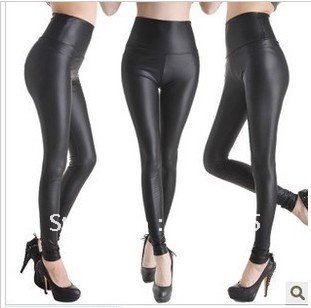 FREE SHIPPING  Shiny Metallic High Waist Black Stretchy Leather Leggings/Tights/Pants  one size