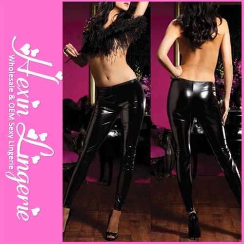 Free Shipping Shiny Metallic Low Waist Black Stretch Leather Leggings LB13156