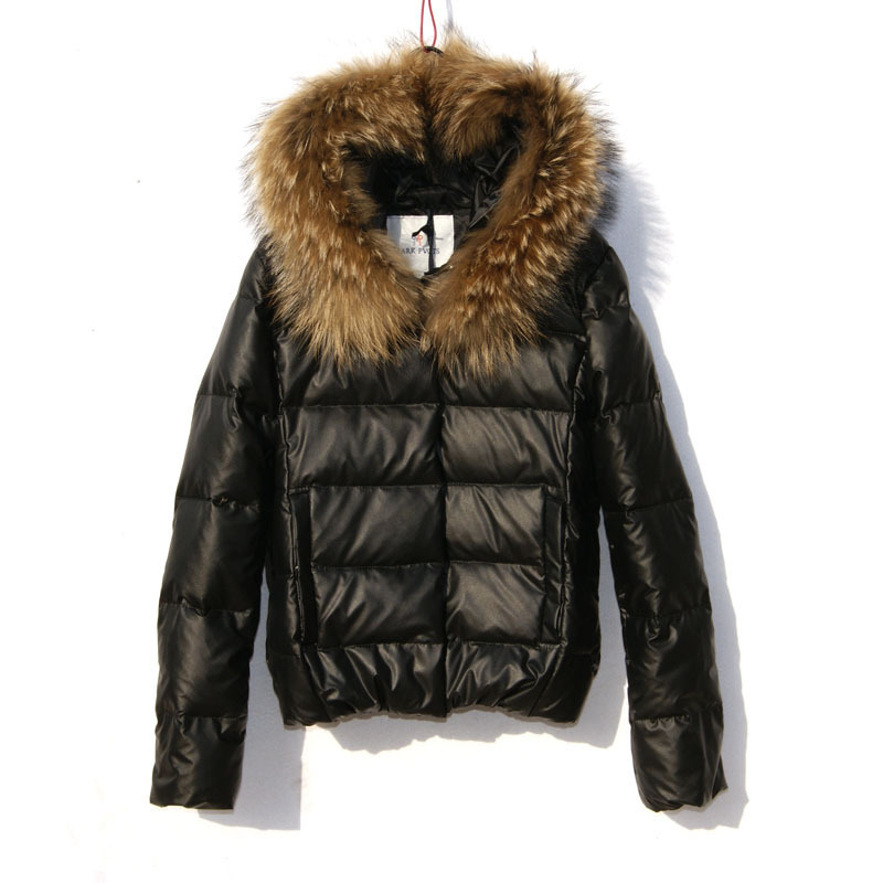 FREE SHIPPING Short design fur collar leather clothing down coat motorcycle PU leather coat