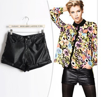 Free Shipping Shorts fashion sexy roll up hem high waist leather shorts fashion zipper pocket boot cut jeans Wholesale price