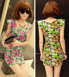 Free shipping shoulder pads broken fancy sexy elegant slim hip skirt floral one-piece skater dress 2013