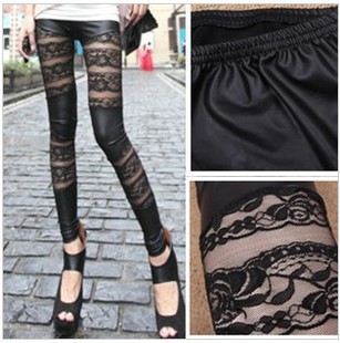 Free Shipping Show Thin Skinny Lace Rose Imitation Leather Patchwork Legging