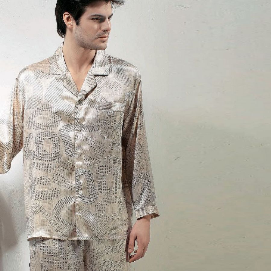 free shipping Silk male long sleeve length pants print long-sleeve sleep set 0019
