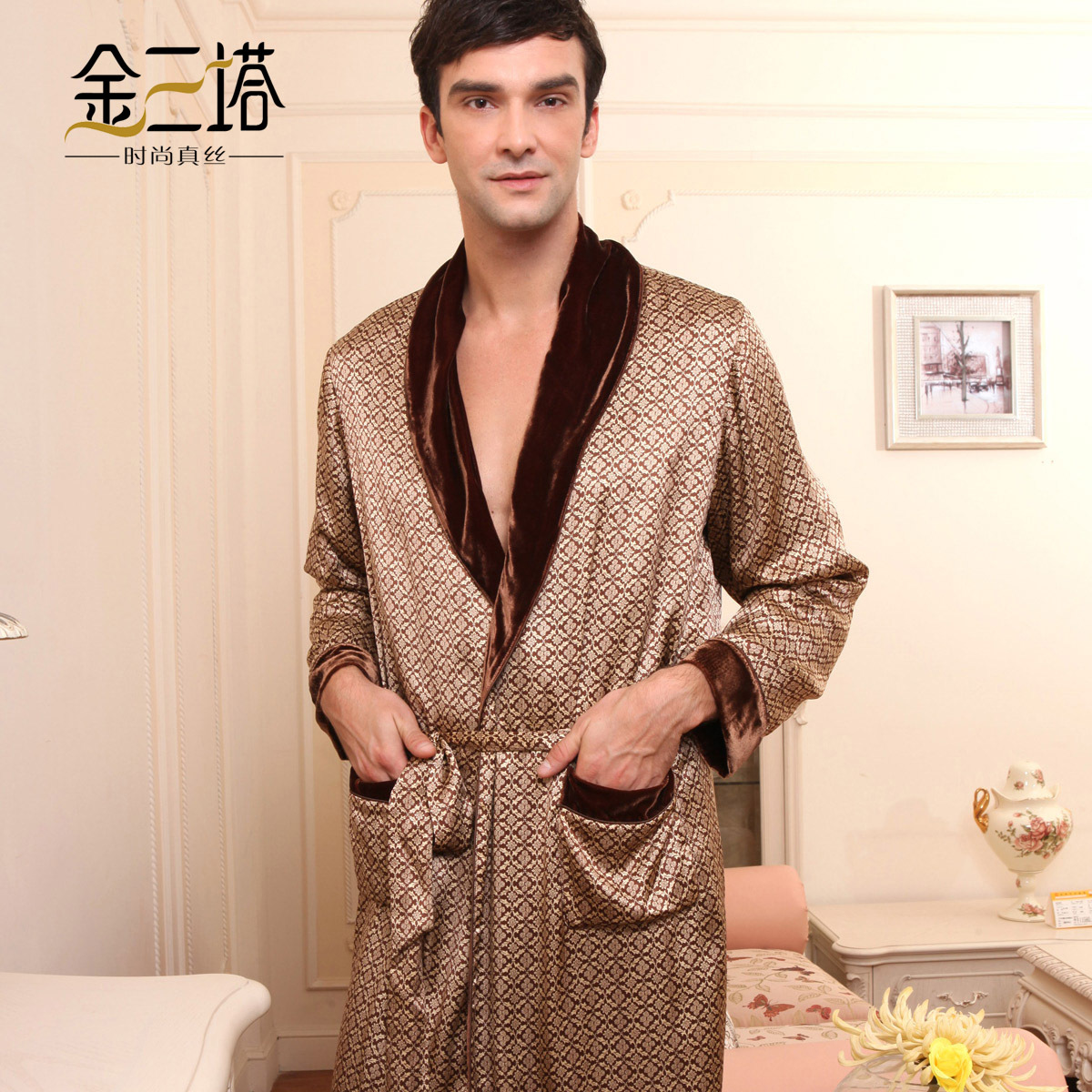 free shipping Silk male print goatswool thermal clip noble bathrobes sleepwear lounge ysm2d101