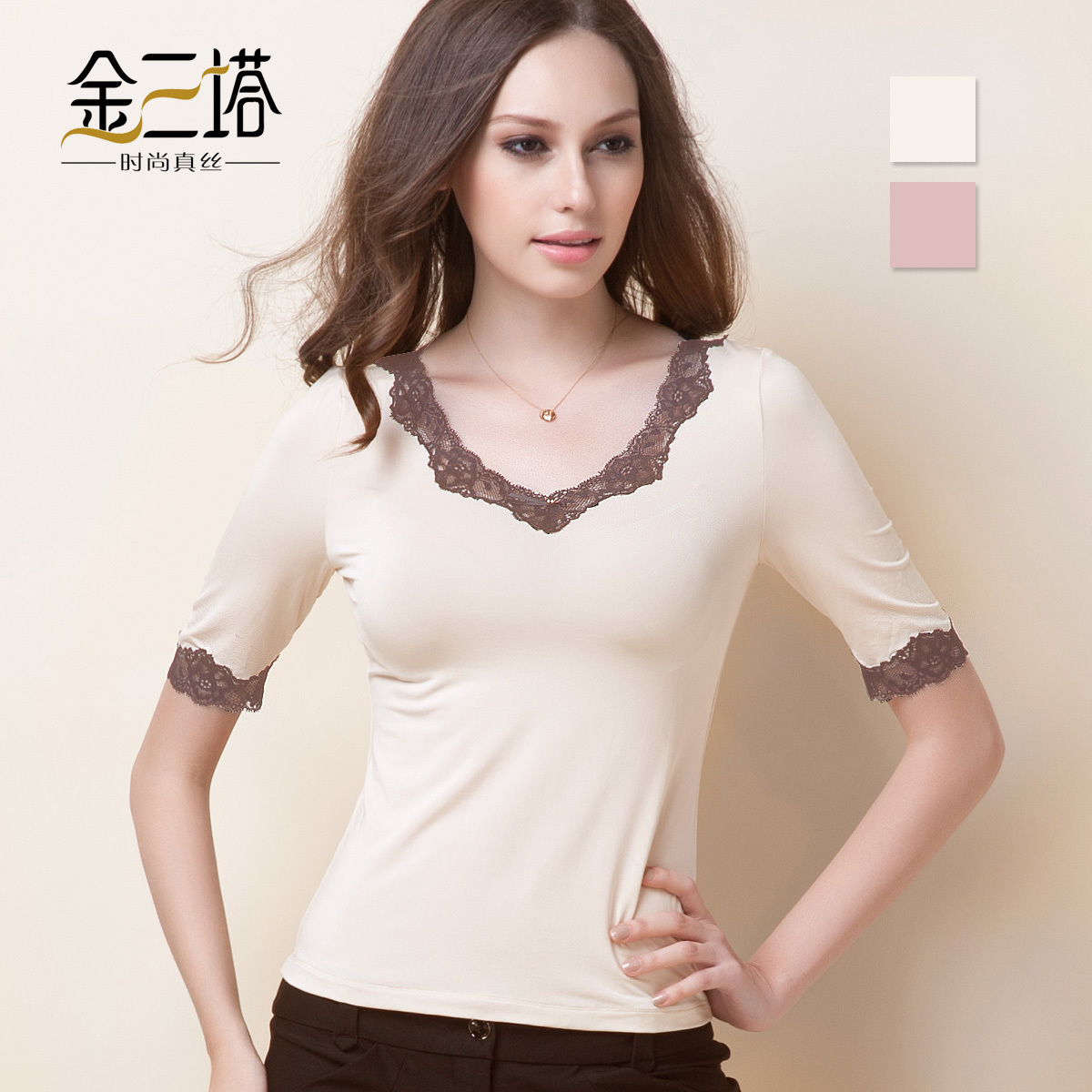 free shipping Silk spandex blending women's V-neck half sleeve basic shirt lace decoration top yzf2c707