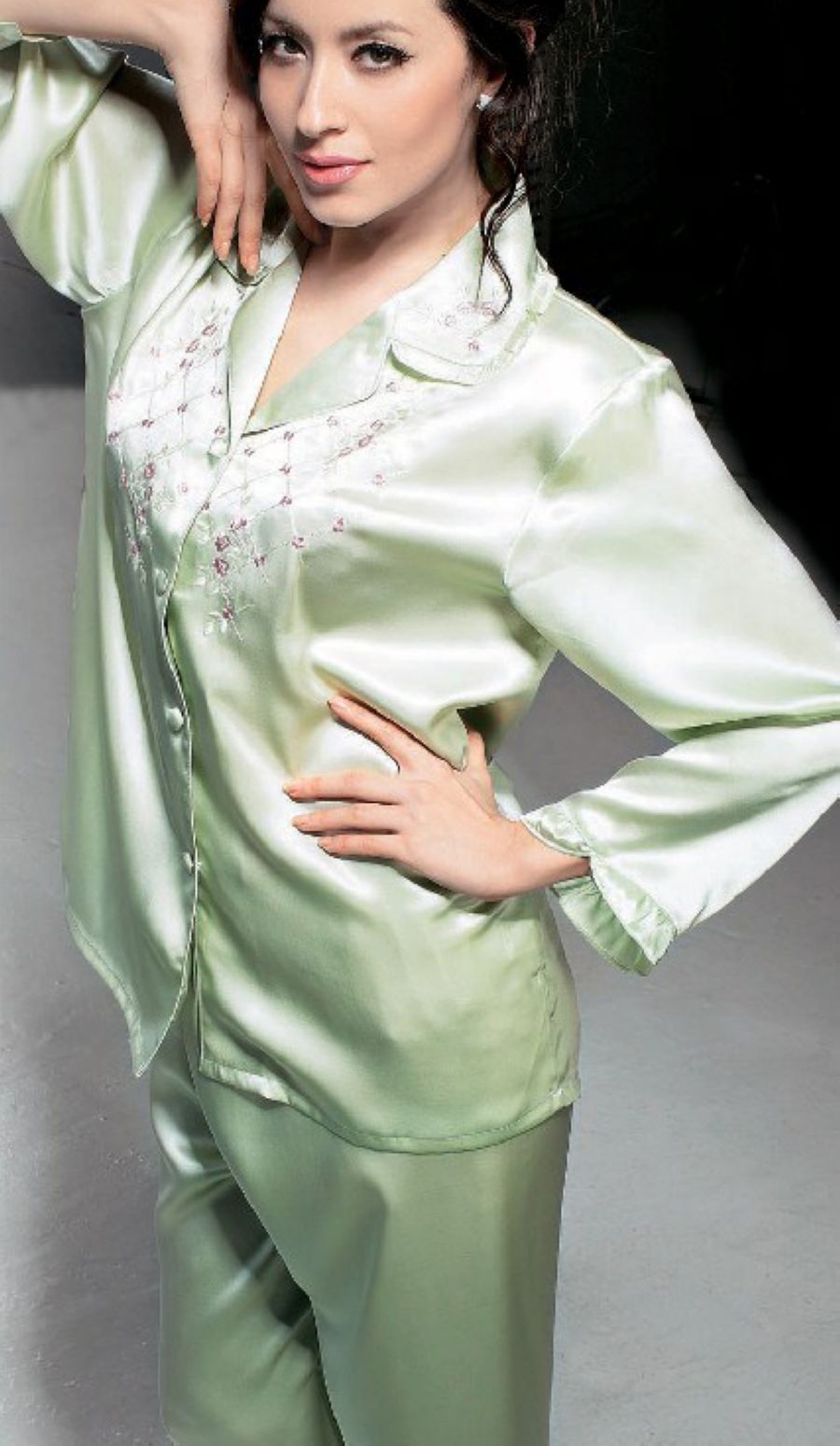 free shipping Silk women's embroidered long sleeve length pants sleep set yr2032