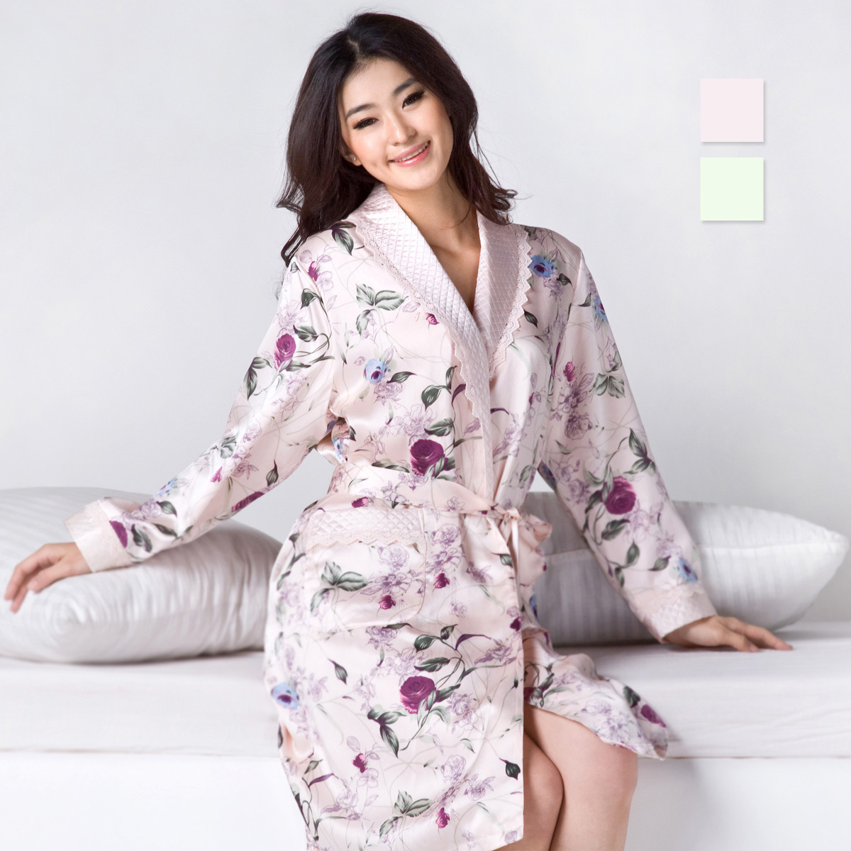 free shipping Silk ysw0101-1200 mulberry silk flower print robe Women