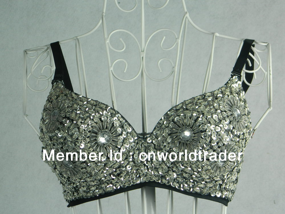 Free shipping silver flower shape sequin sexy belly dance bra top,punk studded paillette bra,sexy stripper wear,night club