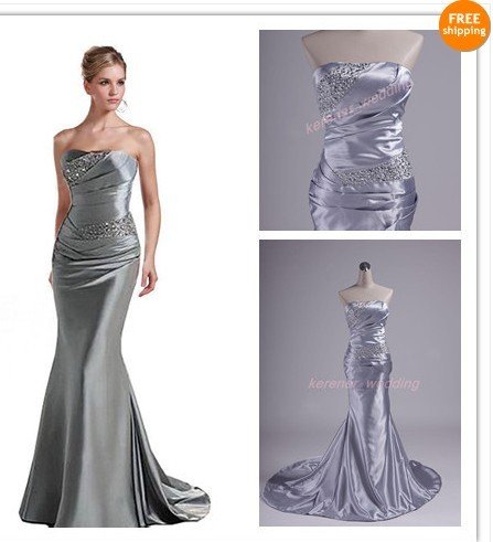 Free shipping Silver Mermaid Formal Long  Dress Party Evening Dress size 6-16