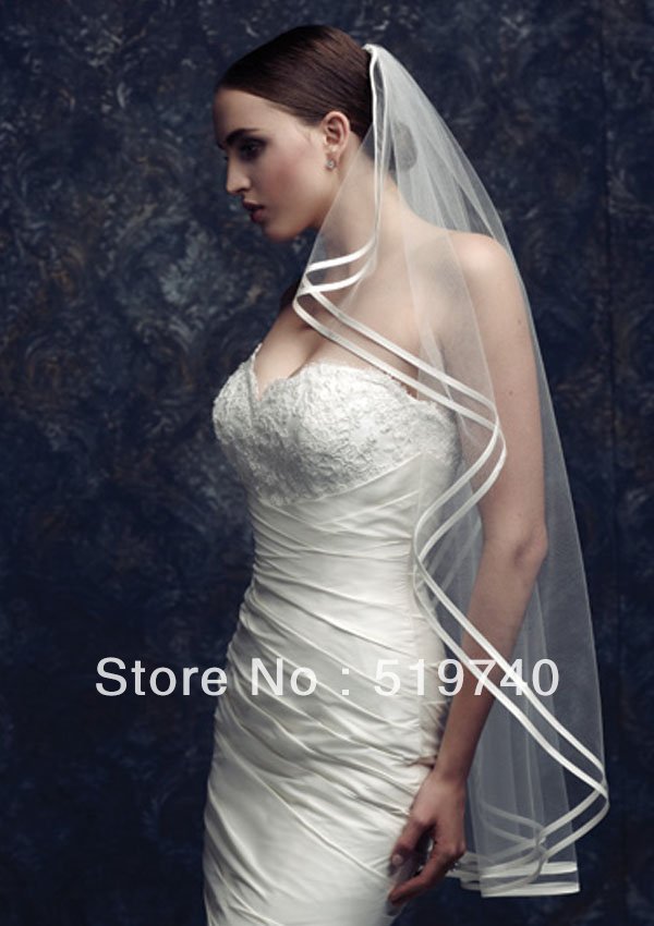Free Shipping Simple White One Layer Ribbon Edge Tulle Wedding Brail Veils With Comb