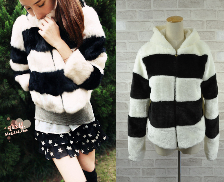 Free shipping Sisouhor black-and-white stripe shorts thermal with a hood coat - 510