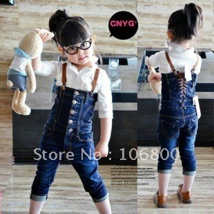 Free shipping size;100-140 5pcs/lot new children bule overalls cheap 3-7 yrs baby girls kids jeans  girl cowboy braces trousers