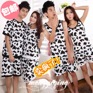 Free Shipping, Sleepwear female 100% cotton at home service short-sleeve male lounge summer women's lovers sleep set