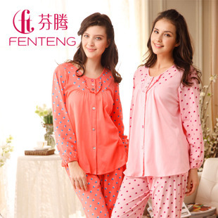 Free Shipping Sleepwear spring and autumn women's 100% cotton long sleeve length pants lounge set z8649 Sleep & Lounge