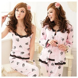 Free shipping sleepwear women's long-sleeve rose 3 pieces set sleepwear sexy princess